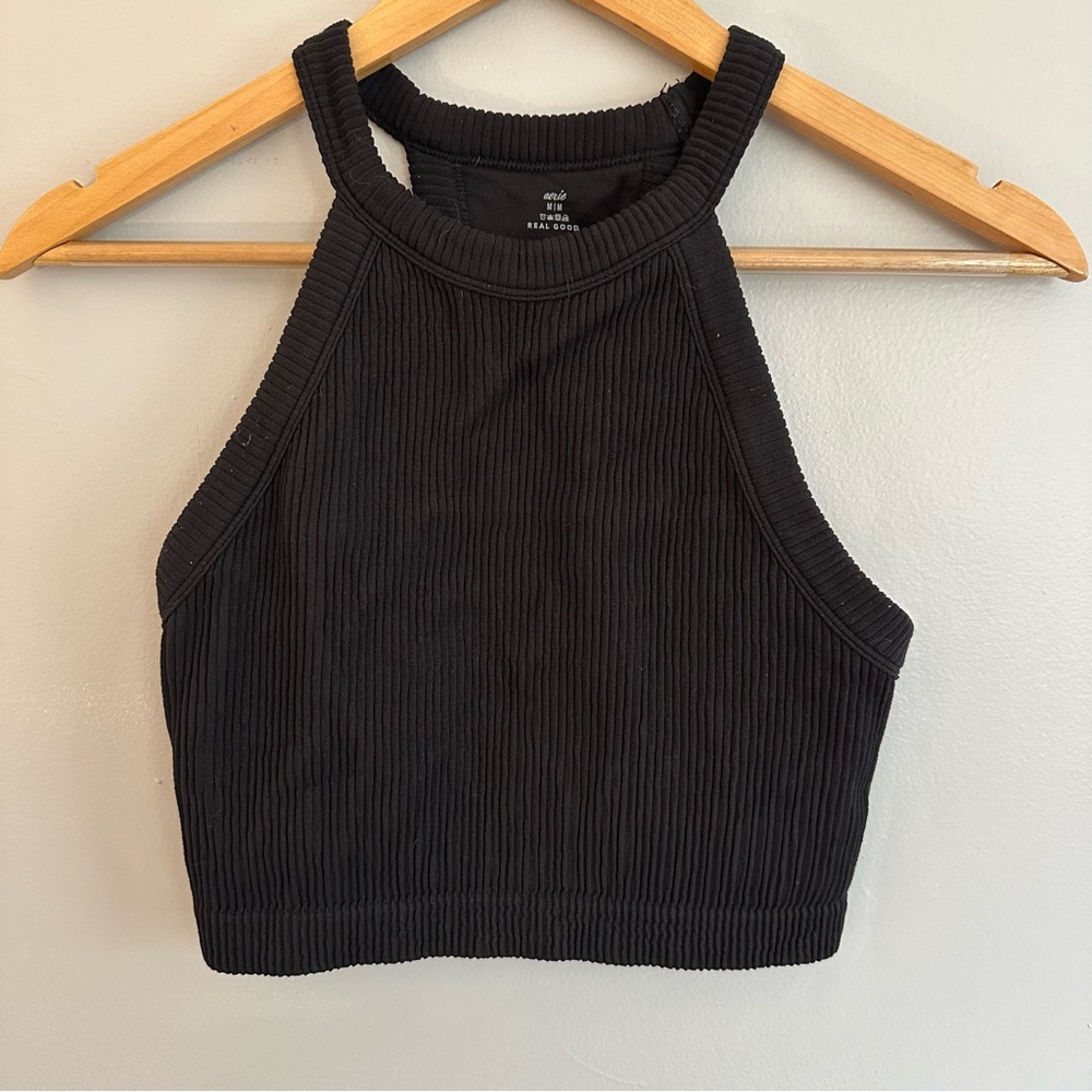 aerie Black Ribbed High-Neck Crop Tank